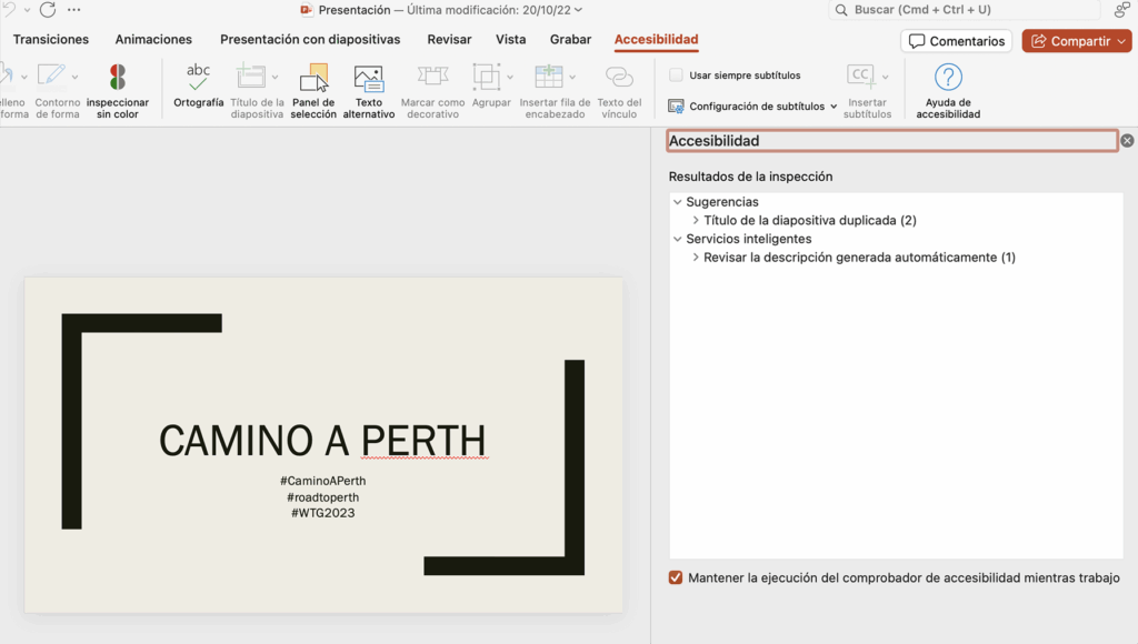 imagen donde se muestra cómo llegar a la función de Accesibilidad en el programa Powrpoint
