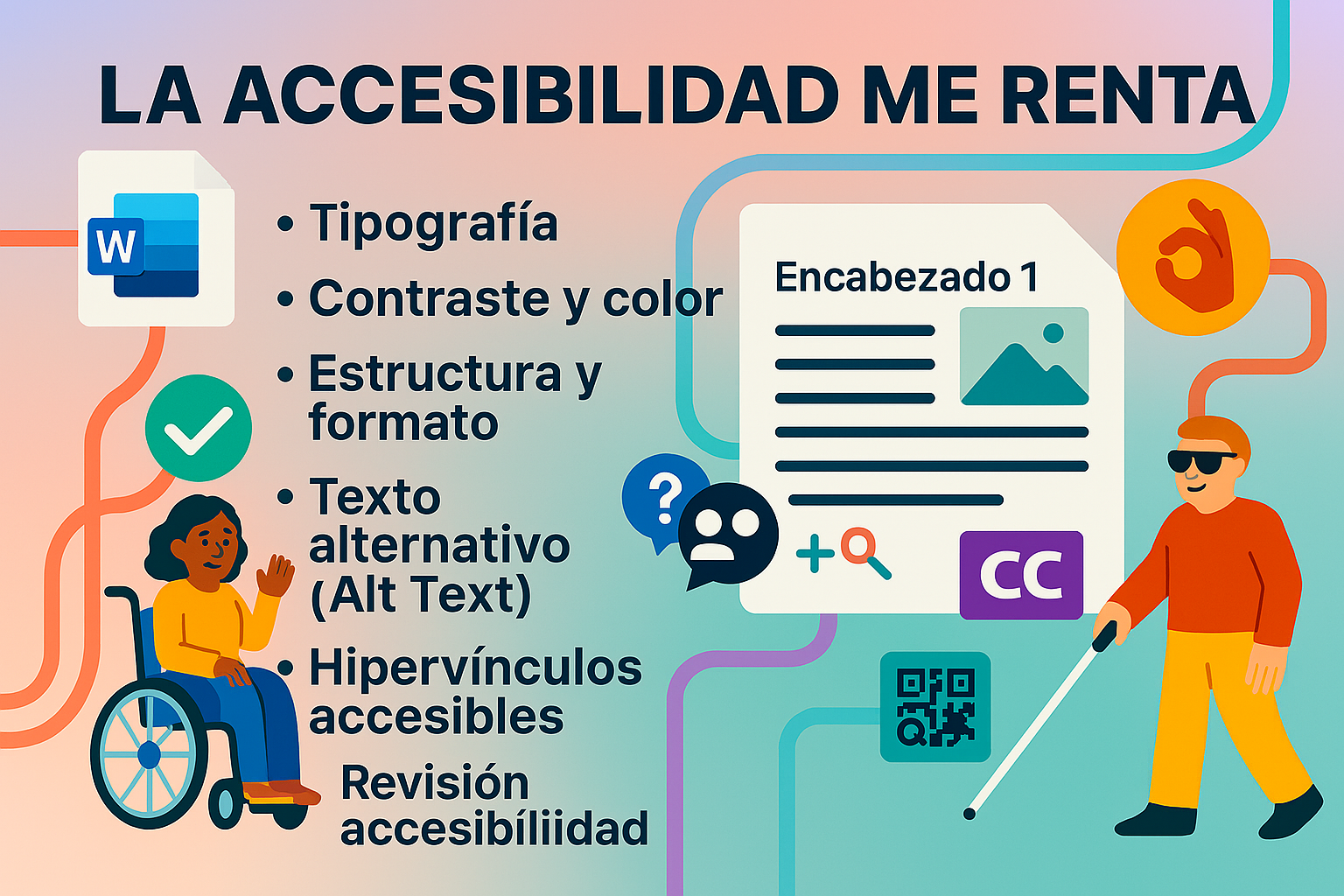 Imagen que dice: la accesibilidad me renta. Y muestra algunos consejos sobre cómo hacer accesible un texto